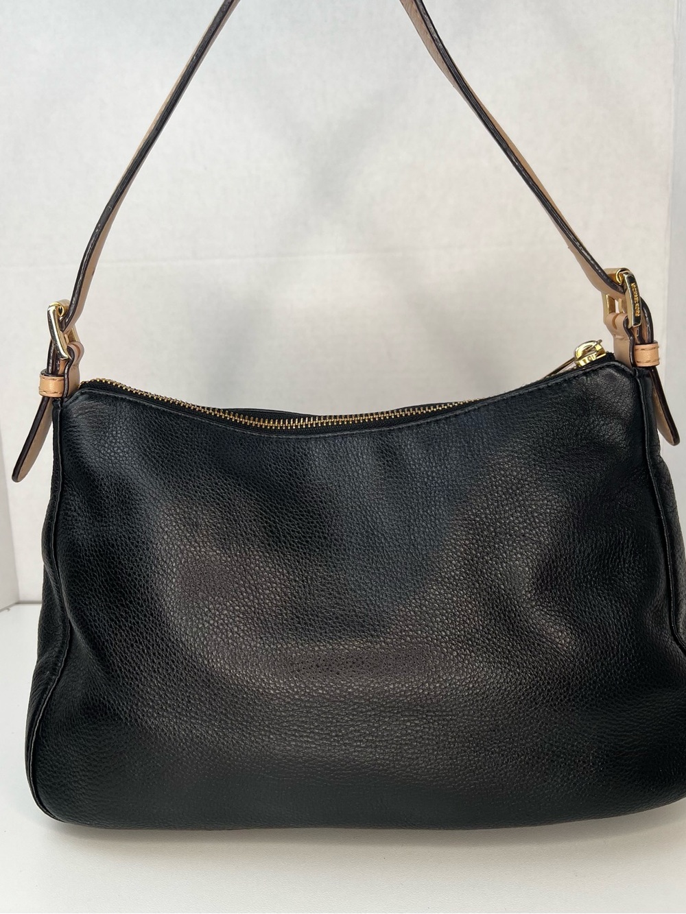 Michael Kors Black Pebbled Leather Shoulder Bag with Tan Trim